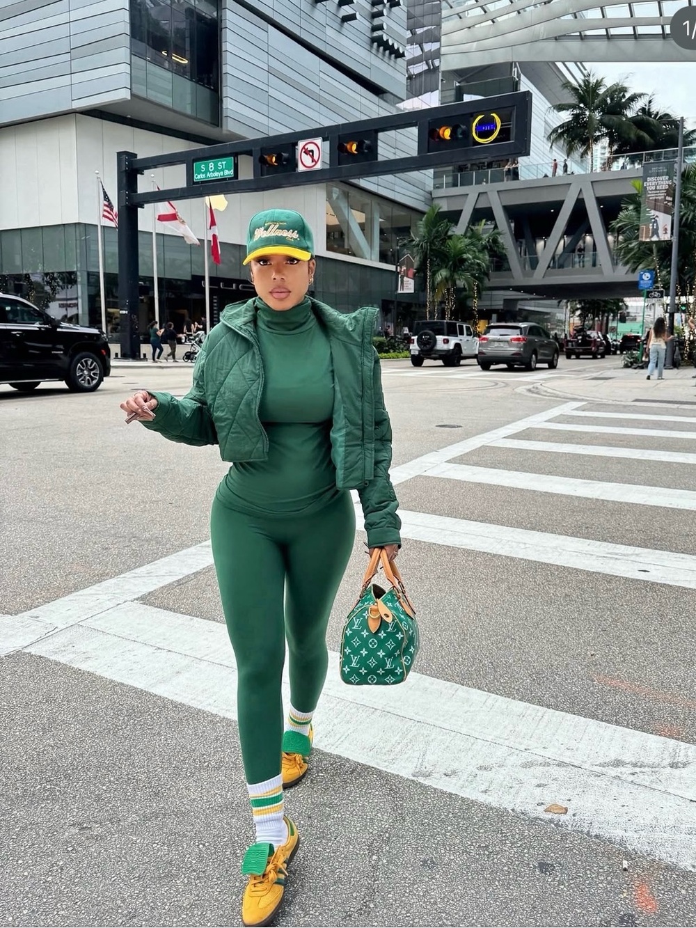 Minaa Monroe 3-Pc Green Set Quilted Jacket Turtleneck Leggings